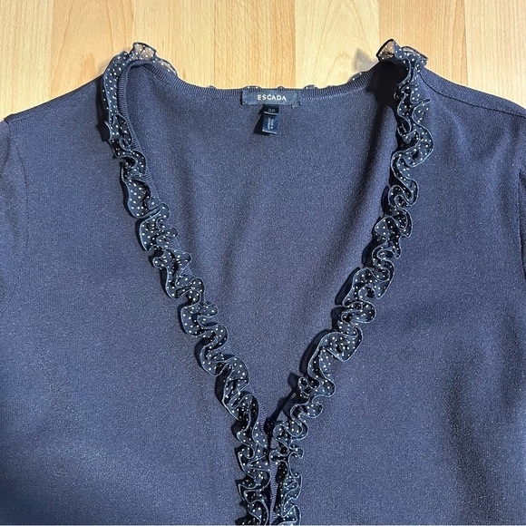 Escada Black Button Up Stretch Cardigan with Black and White Polka Dot Ruffles - Picture 4 of 10
